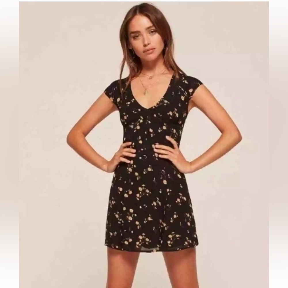 Reformation Dress Acai Mini Floral in Black Yellow Floral Limoncello